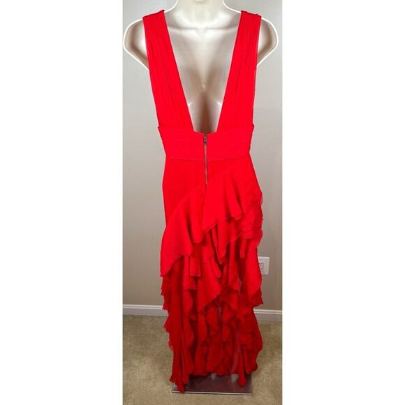 Alice + Olivia Bright Ruby Red Holly Asymmetric Ruffle Maxi Dress Size 2 - Picture 7 of 10